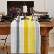 Abstract Table Runner, 13x72 Inch, Yellow Grey White Stripe, Modern, Dining