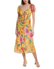 Farm Rio Dress Macaw Bloom Yellow Midi Antrhopologie Babydoll Y2K Size Medium
