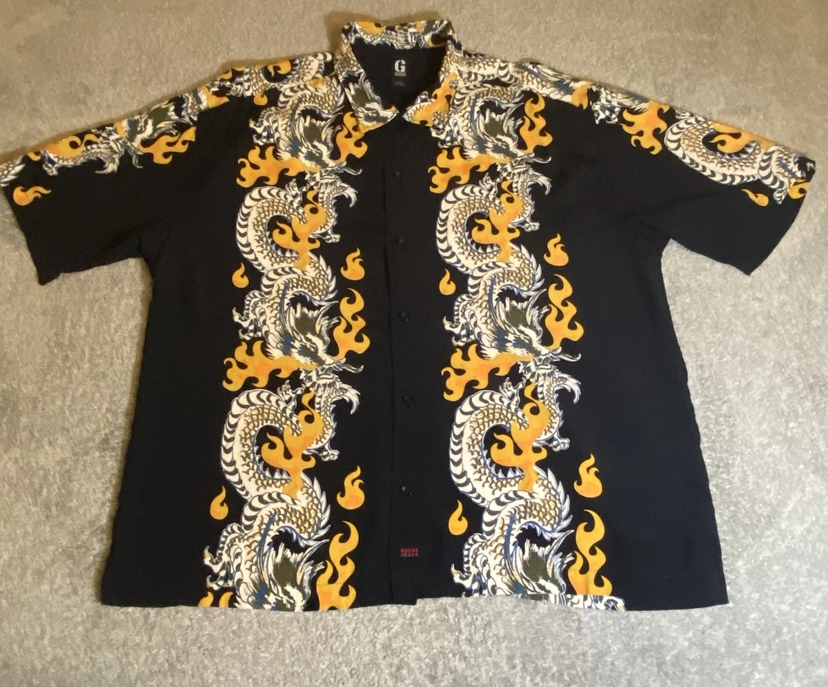 Camisa De Colección Guess Para Hombres XXL Negra Estampado Dragón y Llamas Rayón Rockabilly Salón