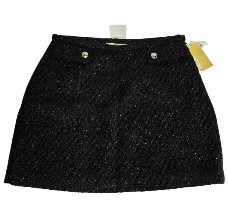 Minifalda Michael Kors Tweed Metálica Talla 6 Negra Plata Botón MS570FSAER Nueva Foto 2 de 4
