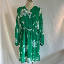 Old Navy emerald green/floral chiffon long sleeves lined modest midi dress Sz S