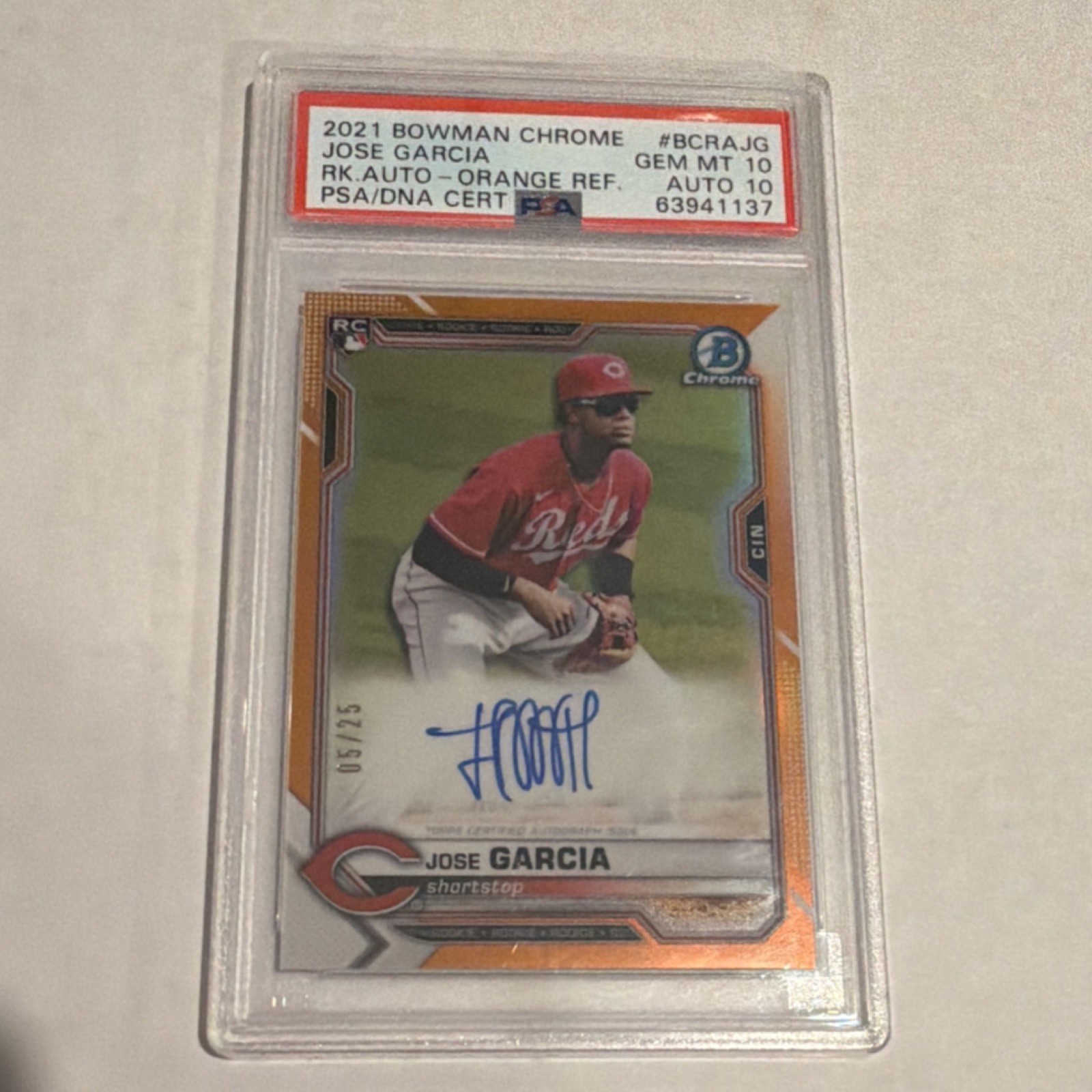 Topps 2021 Bowman Chrome Rookie Orange Refractor /25 Jose Garcia PSA 10
