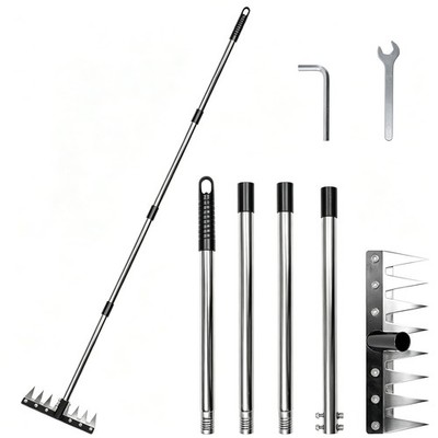 Heavy Duty Iron Weeding Rake, Complete Weed Rake Tool with 4-Section Adjustab...