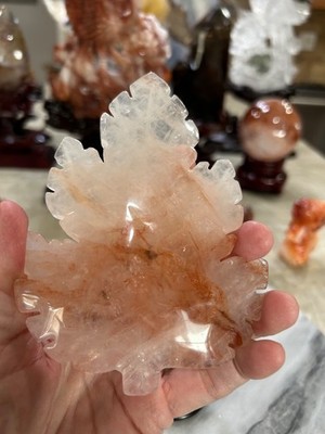 Fire quartz Crystal leaf carving with stand