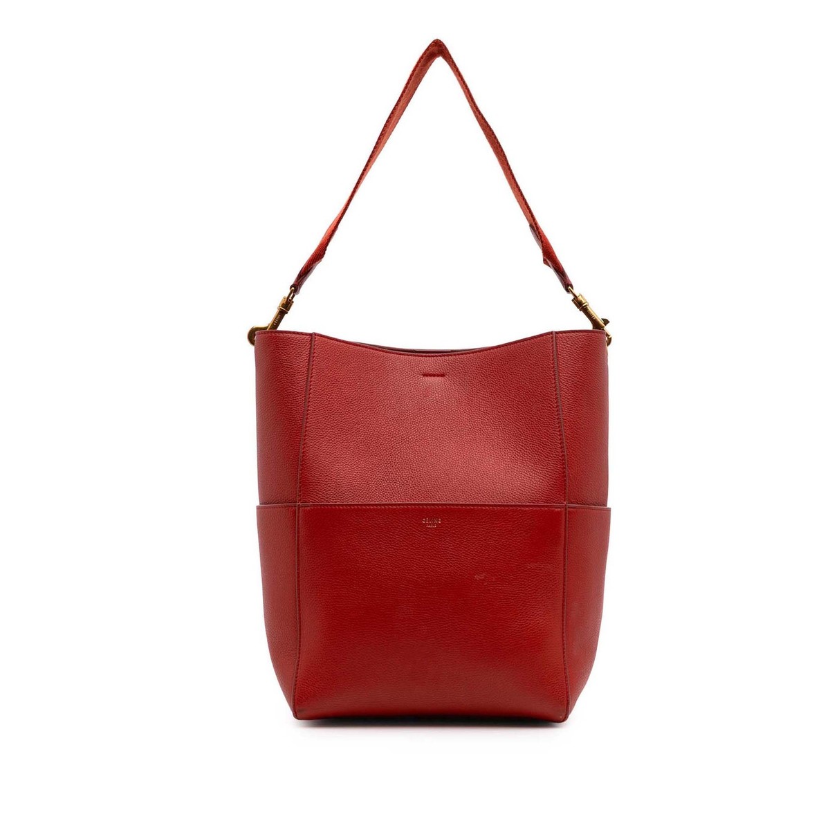Authenticated Celine Medium Seau Sangle Red Calf Leather Bucket