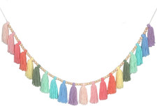 Rainbow Pastel Yarn Wood Bead Tassel Garland Wall Hanging Decor Boho Preppy Bunt