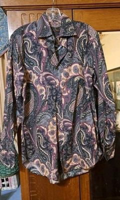 Etro Milano Mens 40 Large Purple Gray Black Paisley Shirt Italy Cotton 