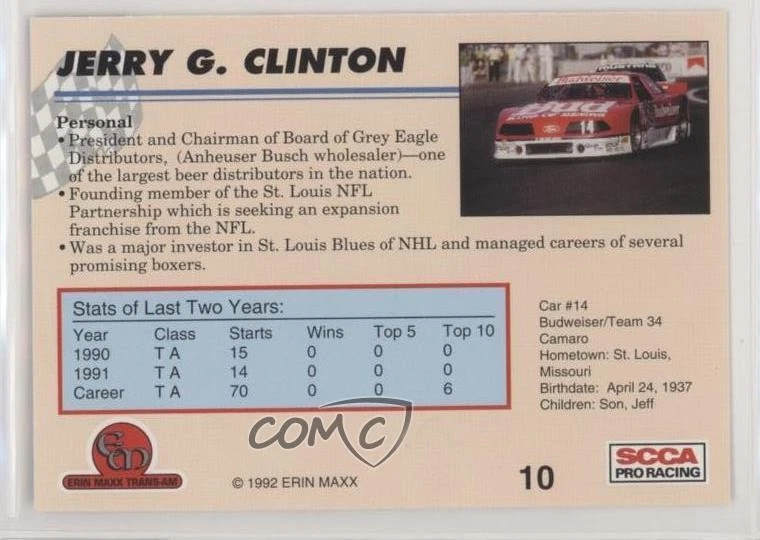 1992 Erin Maxx Trans-Am SCCA Pro Racing Jerry G Clinton #10 - Image 2 of 2