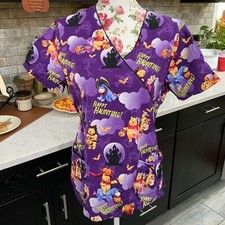 Disney Womens Small Halloween Scrub Top Medical V Neck Purple Happy Haunting