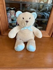 Baby Essentials Tan Teddy Bear Plush Lovey Rattle 12" Blue Bow Satin Feet  Ears