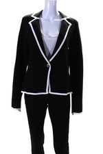 Central Park West Womens Contrast Trim Knit Blazer Jacket Black White Size Large
