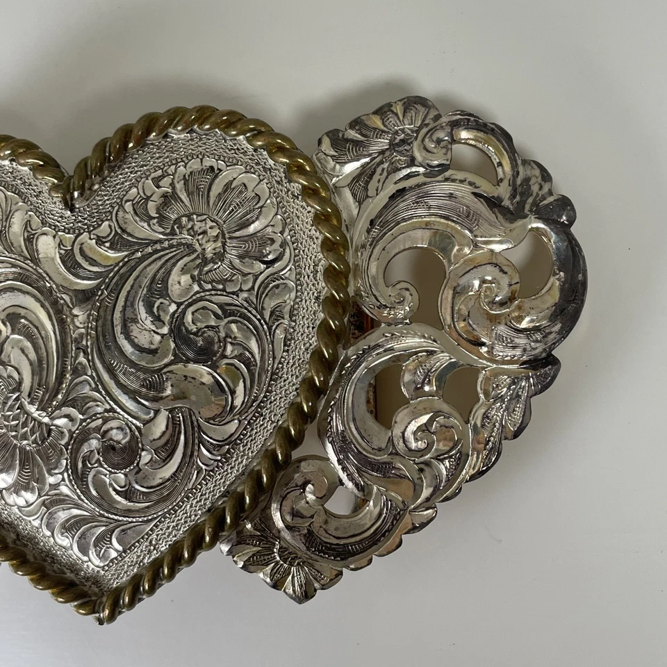 VTG Crumrine Belt Buckle 3 Heart Floral Silver Plate On Bronze Etched 4” - Image 4 of 4