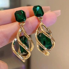 Womens Gold Hoop Earrings Green CZ Crystal Dangle Drop Elegant Fashion Jewelry