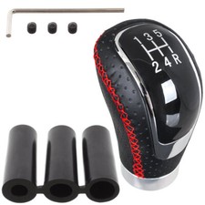 UNIVERSAL SCHALTKNAUF SCHWARZES LEDER+ ROTER FADEN+ SILBER 5 GANG