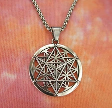 Merkabah on Flower of Life Necklace, Sacred Geometry Merkaba Pendant Box chain