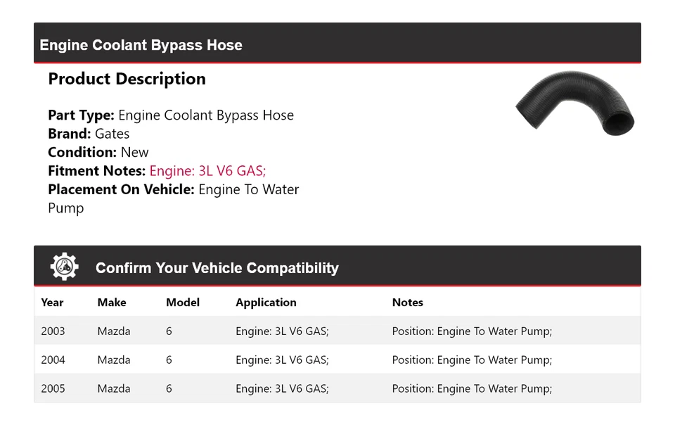 Manguera de derivación de refrigerante para motor Mazda 6 2003-2005 motor a puertas de bomba de agua 2004 Foto 2 de 4