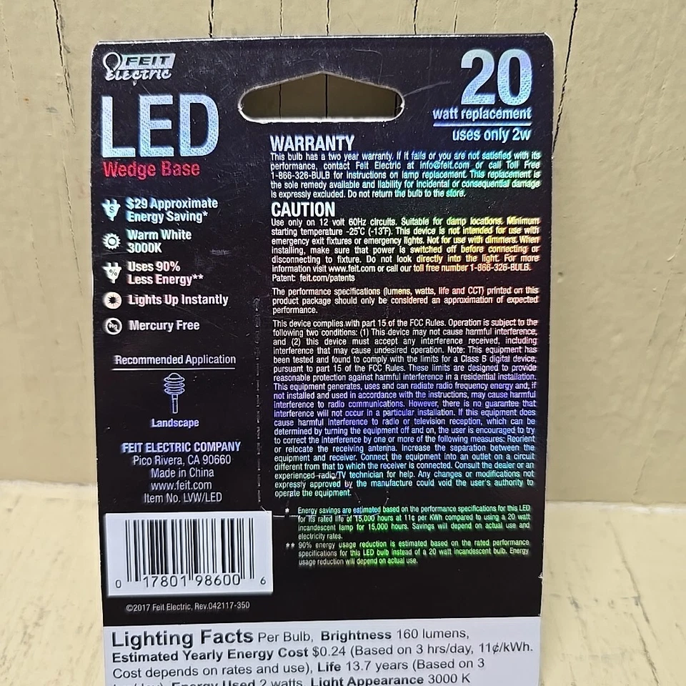 Feit Electric LVW/LED 12V 2W 3000K 160 Lumens Wedge Base Light Bulb 20w Equal - Image 4 of 4