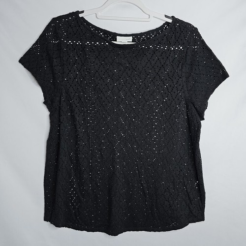 J. Jill Perforiertes Top Bluse SCHWARZ Gr. L Kurzarm Y2K 80er Retro Edgy Dark - Bild 2 von 5