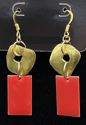 Handmade Abstract Square with Red Enamel Rectangle Earrings by Neanie-Bot