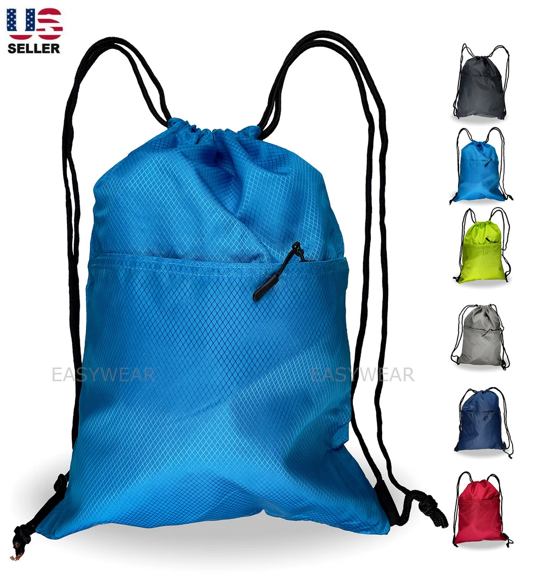 Drawstring Backpack Zippered Pocket Sport Gym Waterproof Cinch Sack Pack Bag