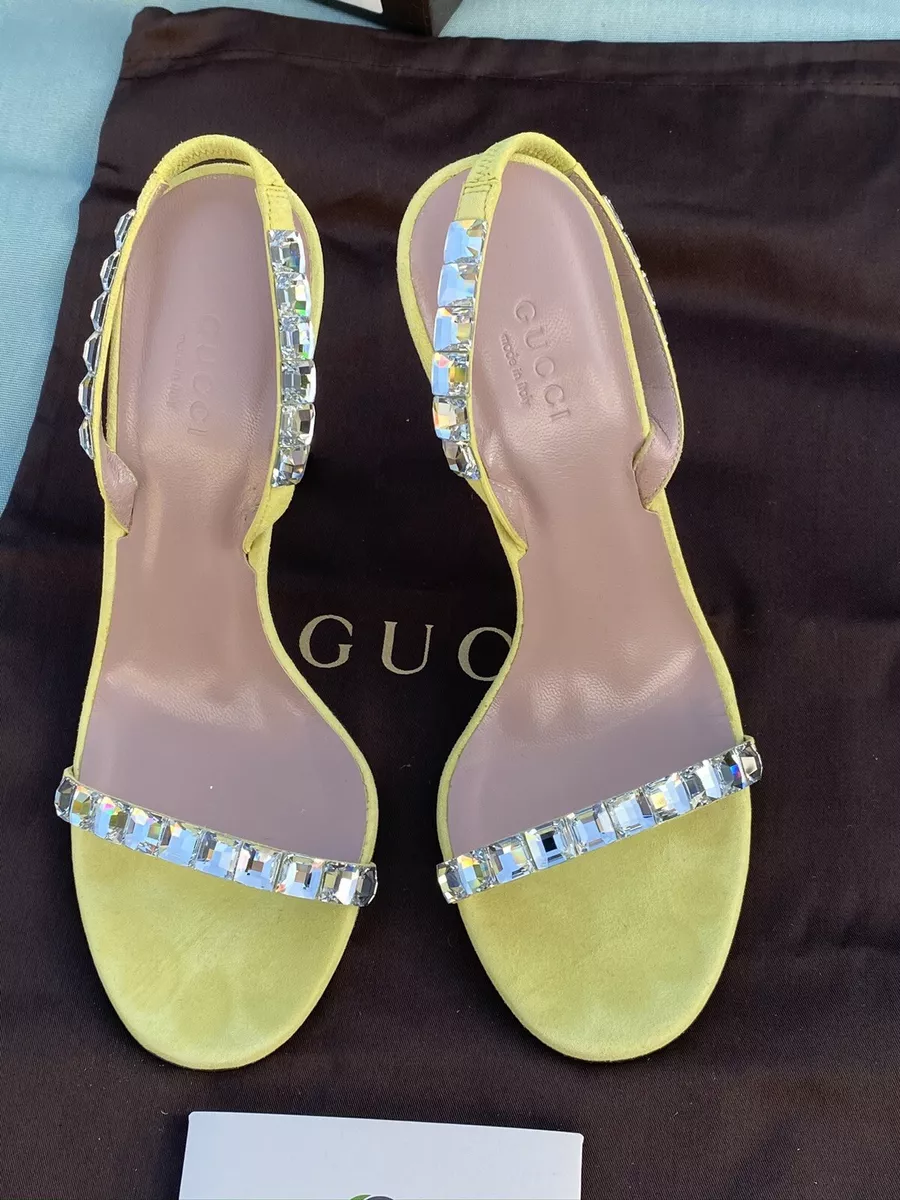 Afgang Orphan Afbrydelse Gucci Women&#039;s Crystal Strap Heels Yellow Silver Suede Leather Sandals  Shoes 7.5 | eBay