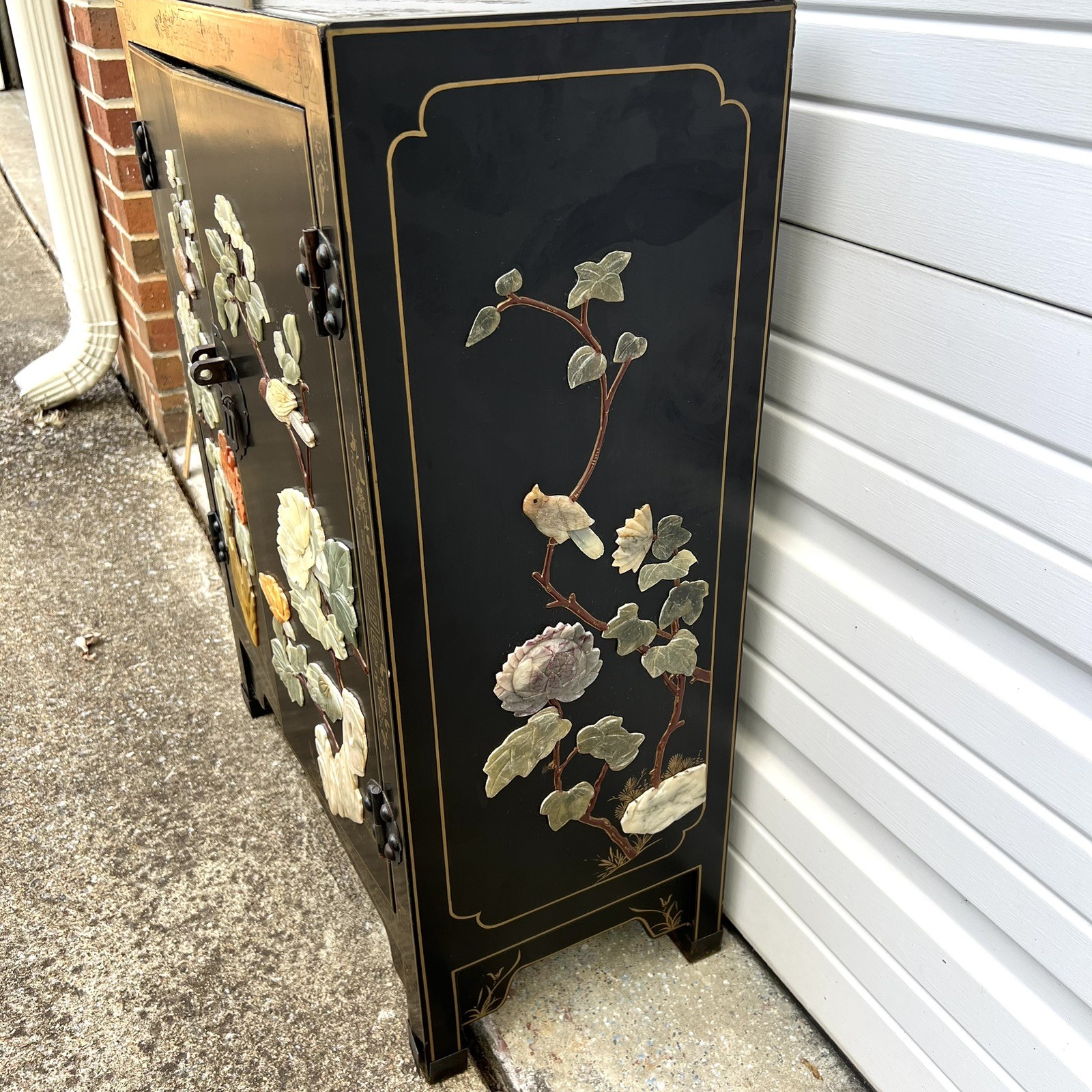 Chinese Black Lacquer Gold Hand Painted Cabinet Stone Relief Bird Flower MCM SEE