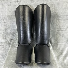 Shin Pads Guard L Black Leather Muay Thai Kickboxing MMA Hook & Loop Closure