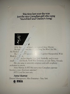 1974 Anne Murray 9x12 Industry clipping ad