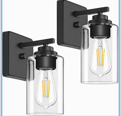 2-Pack Outdoor Wall Sconce Lights Matte Black Clear Glass Cylinder Shade E26