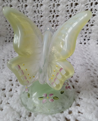Fenton Vaseline Uranium Glass Butterfly On Branch Ring Holder Handpainted Signed
