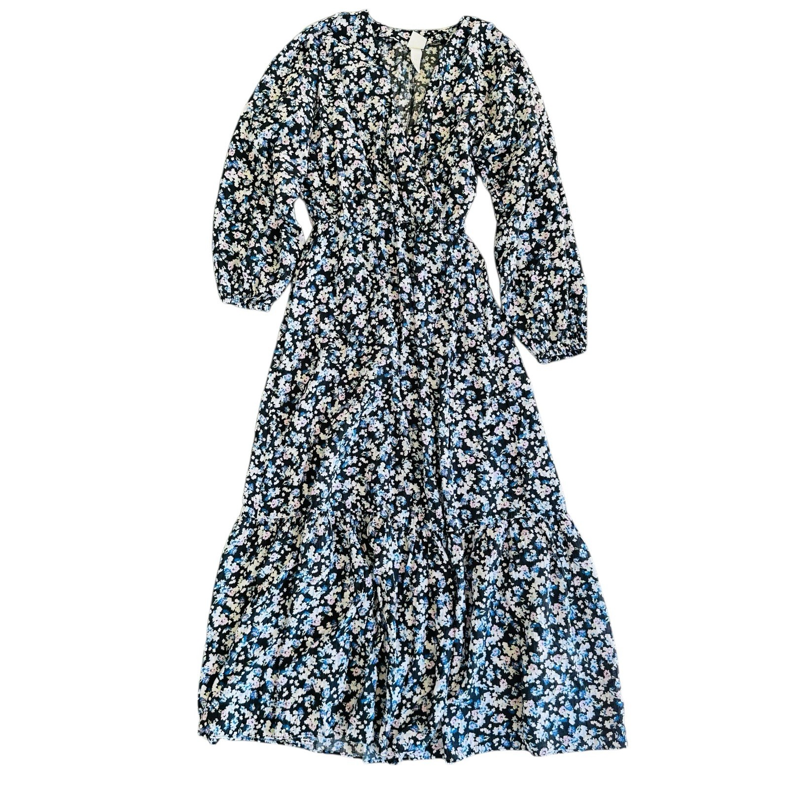 H&M S Navy Blue & Black Floral maxi Long Sleeve v-neck XS Dress