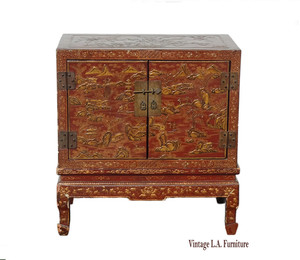 Antique Storage Cabinet Oriental Chinese Red Lacquer Chinoiserie w Stand & Brass