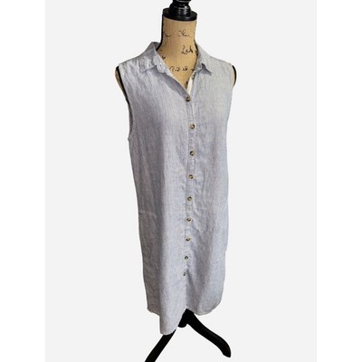 Tahari Shirt Dress Lg Blue White Striped Linen Sleeveless Pockets Knee  Length | eBay