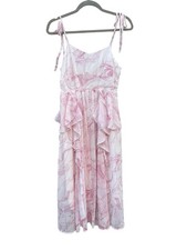 LoveShackFancy Pink White Print Smocked Midi Dress 4 $445 NEW NWT