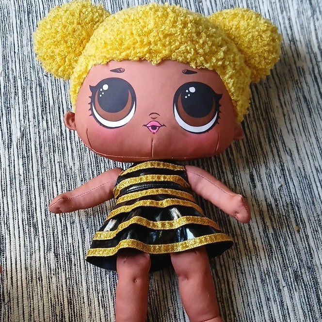 Girl Play Doll Light Complexion Yellow Curly Hair Black/Yellow Dress
