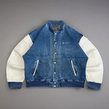 Vinatge International Denim Mens Blue White Two Tone Varsity Jacket Time Warner