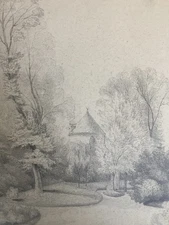 Large Drawing Xixth 1850 Pencil Jardin Tour Romanticism Tree Antique to Identify