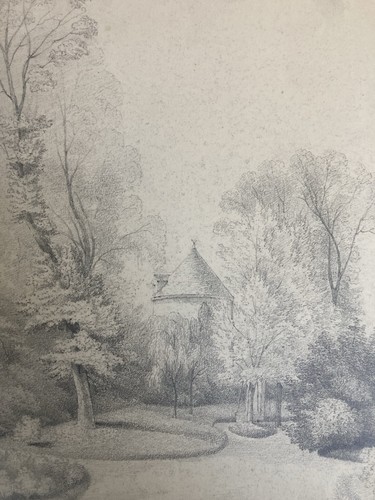 Grand Dessin XIXe 1850 crayon Jardin Tour Romantisme Arbre Ancien A Identifier