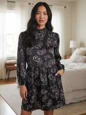 LOFT Black Paisley-Accent Mini Dress with Purple Floral Detail