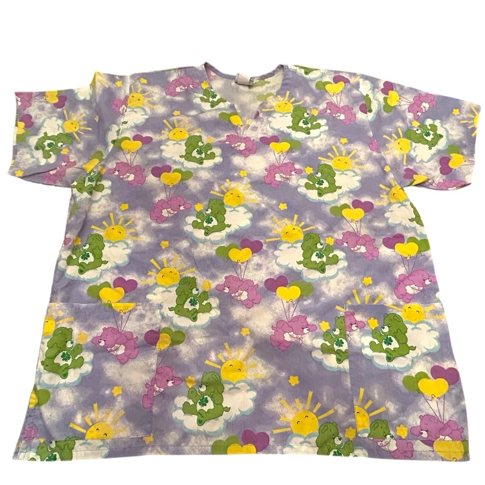 Vintage 2002 Care Bears Scrub Top SZ XL Teddy Bear Wish Friend Hugs Made in USA - Image 2 of 4
