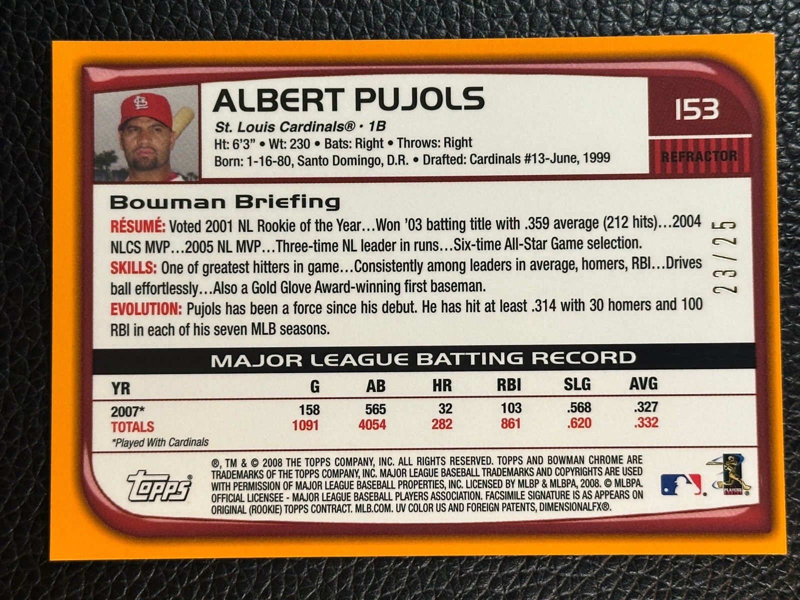 2008 Bowman Chrome Orange Refractor #153  Albert Pujols /25 view 2
