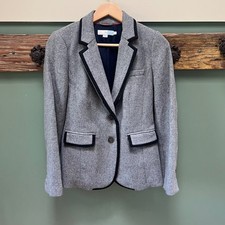 Boden Grey Wool Blend Tailored Blazer Navy Contrast Piping WE406 Womens Size 4