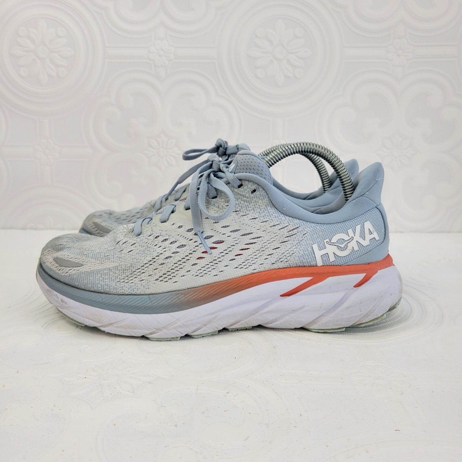 Hoka One One Clifton 8 Womens 9.5 Wide Blue Orange Running Shoes 1121375