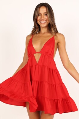 Sndys Indigo Mini Dress V-Neck Drop Tier Skirt Unlined Red L NEW (64)