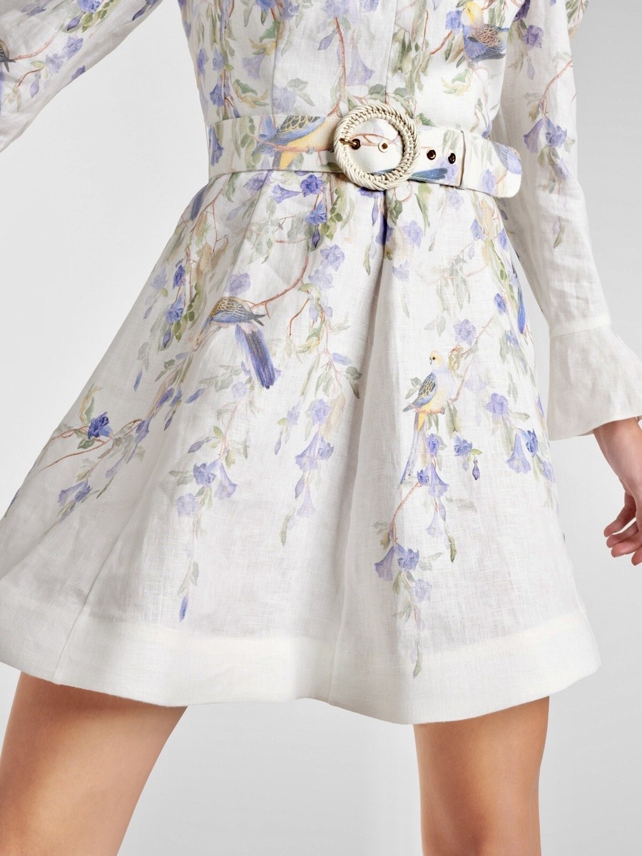 NWOT $895 Zimmermann Natura V Neck Belted Floral Linen Mini