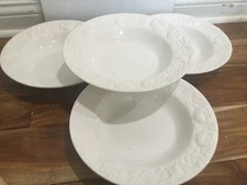 Over and Back Italy WHITE RIM PASTA BOWL 10 1/2" Embossed 4 pc- 2 sm imperf