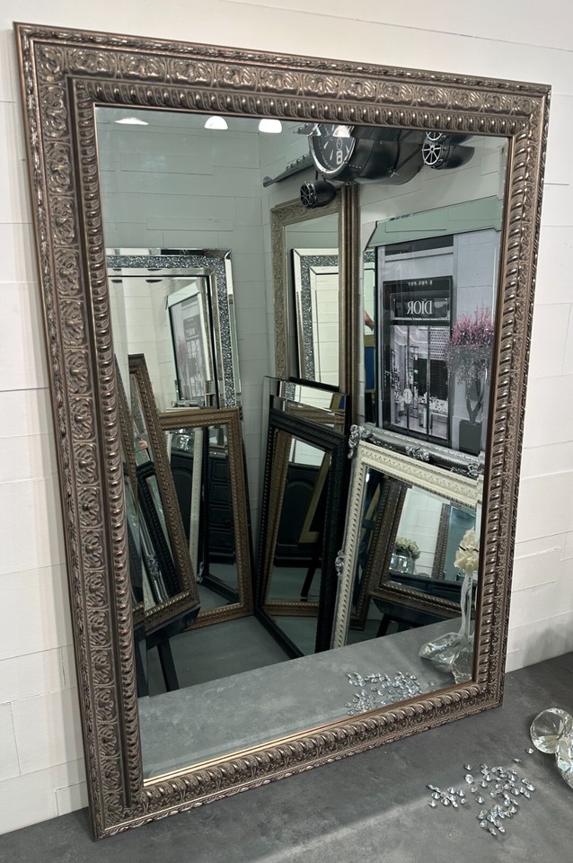 X LARGE Antique Silver Mirror Shabby Chic Ornate Decorative Bevelled