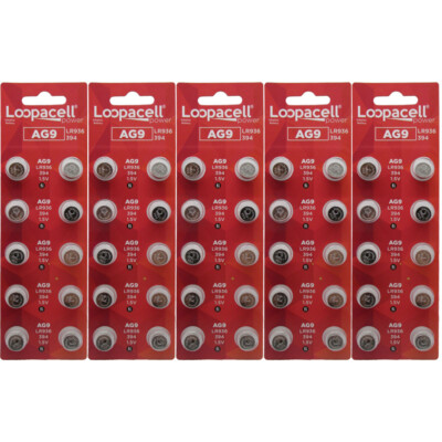 50 Loopacell AG9 394 D394 GP94 L936 LR45 Alkaline Button Cell Batteries