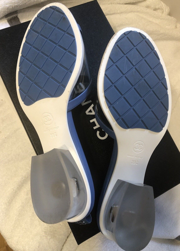 19S CHANEL PVC/LAMBSKIN CC LOGO TRANSPARENT BLUE MULES/SLIDES ICONIC, SIZE 39 - Picture 8 of 14