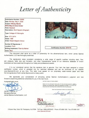 Mickey Mantle Willie Mays Duke Snider Hand Signed 18x24 Litho w/ Full JSA Letter - Picture 5 of 5